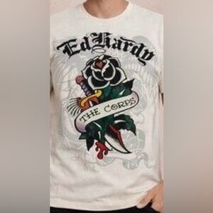 Y2K Ed Hardy White Tattoo Rose Graphic Tee with Black, Green and Red Accents